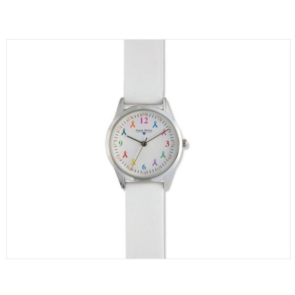 Nurse Mates ribbons Awareness nurse watch water-resistant silicone strap - White